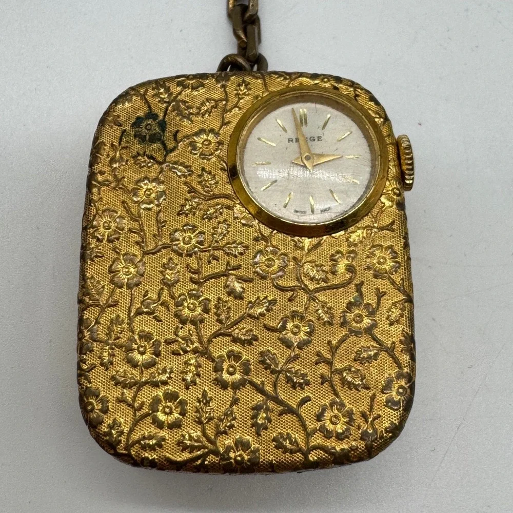 Vintage Reuge Swiss‎ Musical Pocket Watch Keychain Gold Tone Floral Embossed Fob